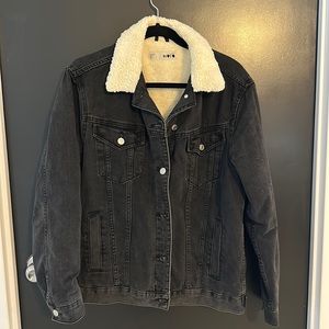 TOPSHOP moto jacket - black denim with off-white fleece
